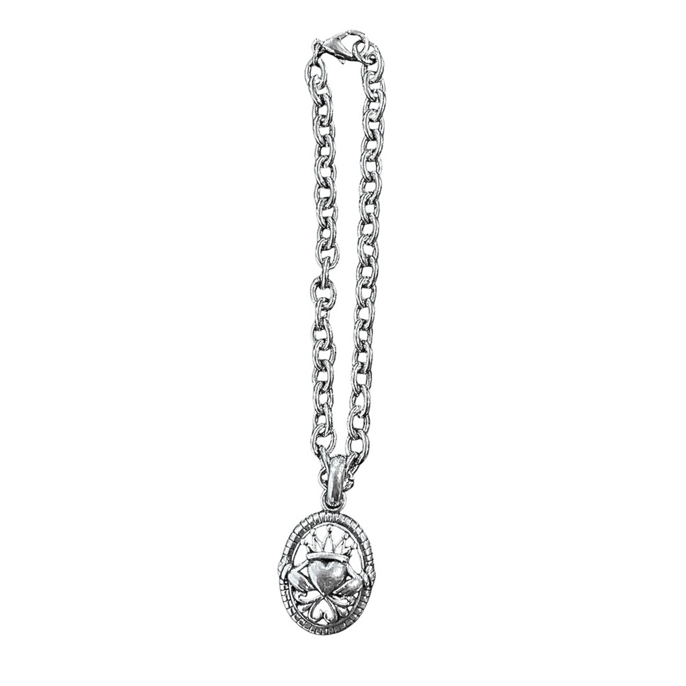Sterling Silver Claddagh Crowned Heart in Hands Oval Pendant and Bracelet Chain